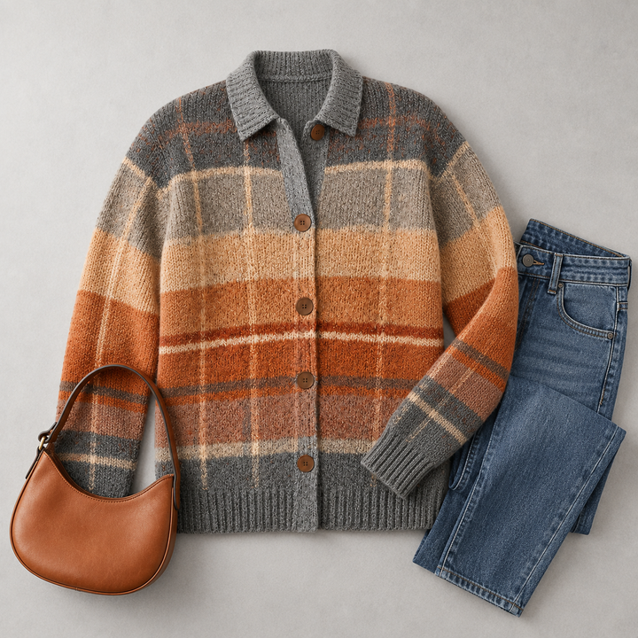 Women's Plaid Button Front Cardigan Sweater, Checked Knit Plus Size