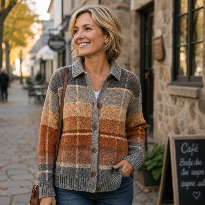 Women's Plaid Button Front Cardigan Sweater, Checked Knit Plus Size