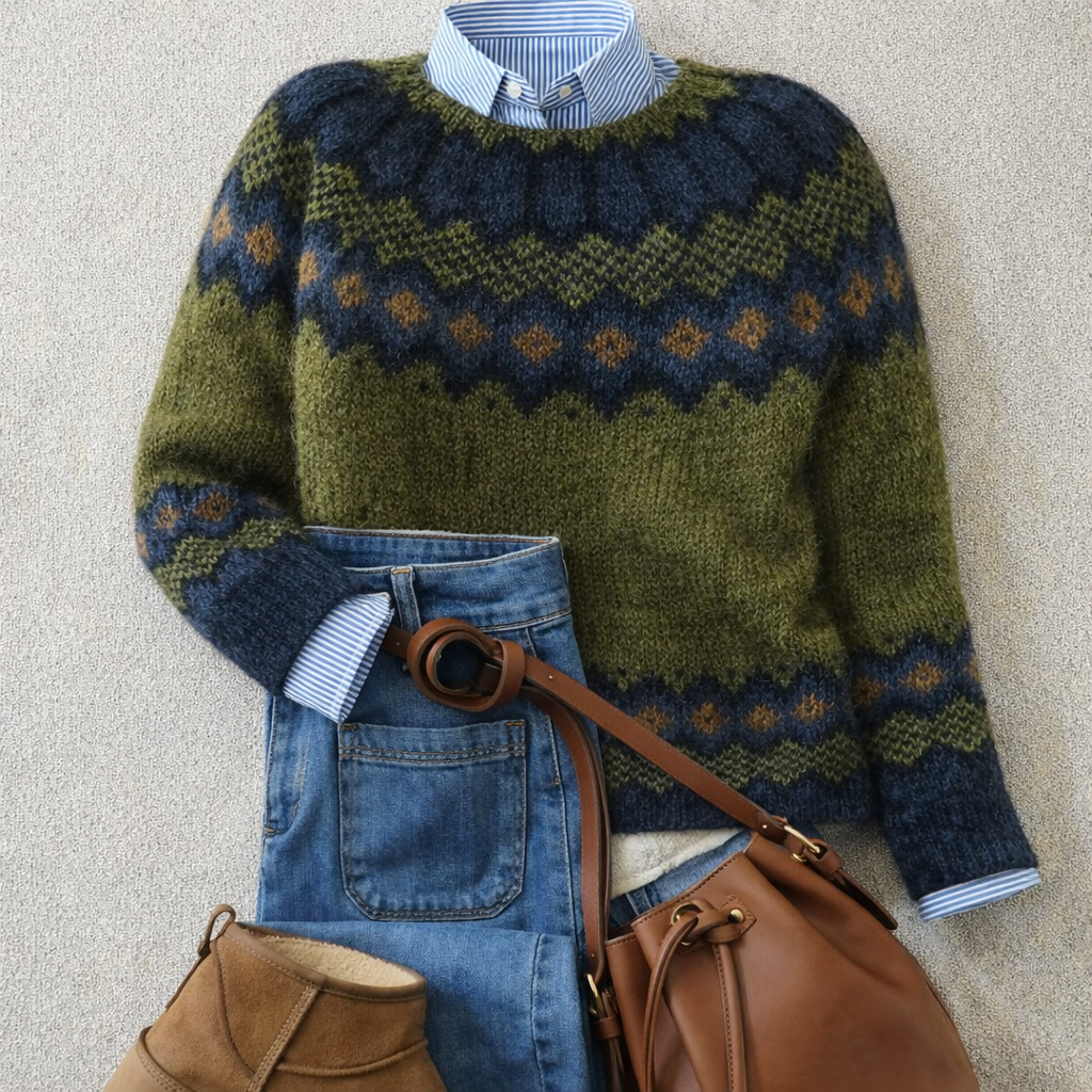 Women's Green Nordic Pattern Acrylic Knit Sweater, view 3