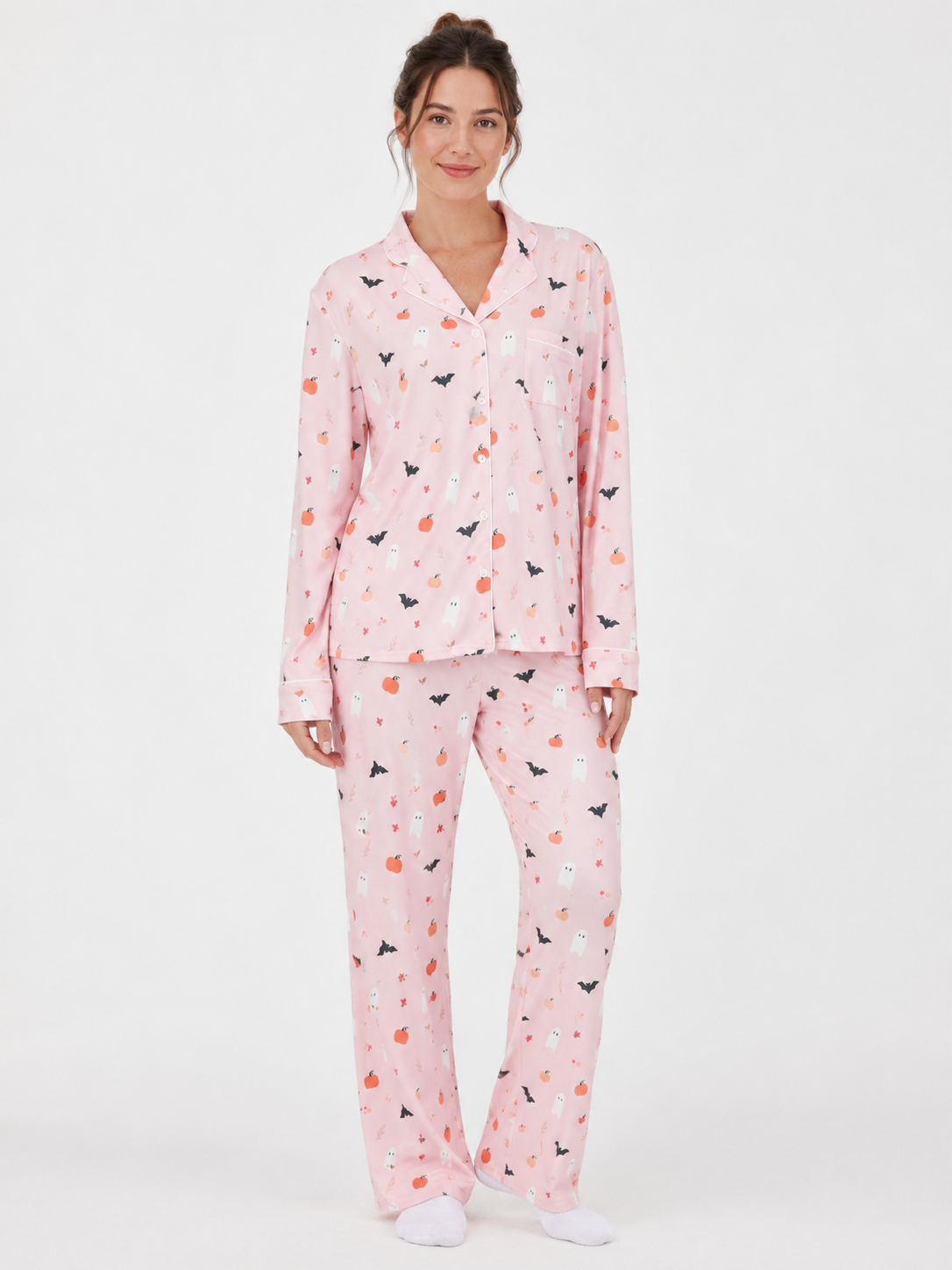 Ghostly Harvest Halloween Pajama Set for Women | Pink & Blue