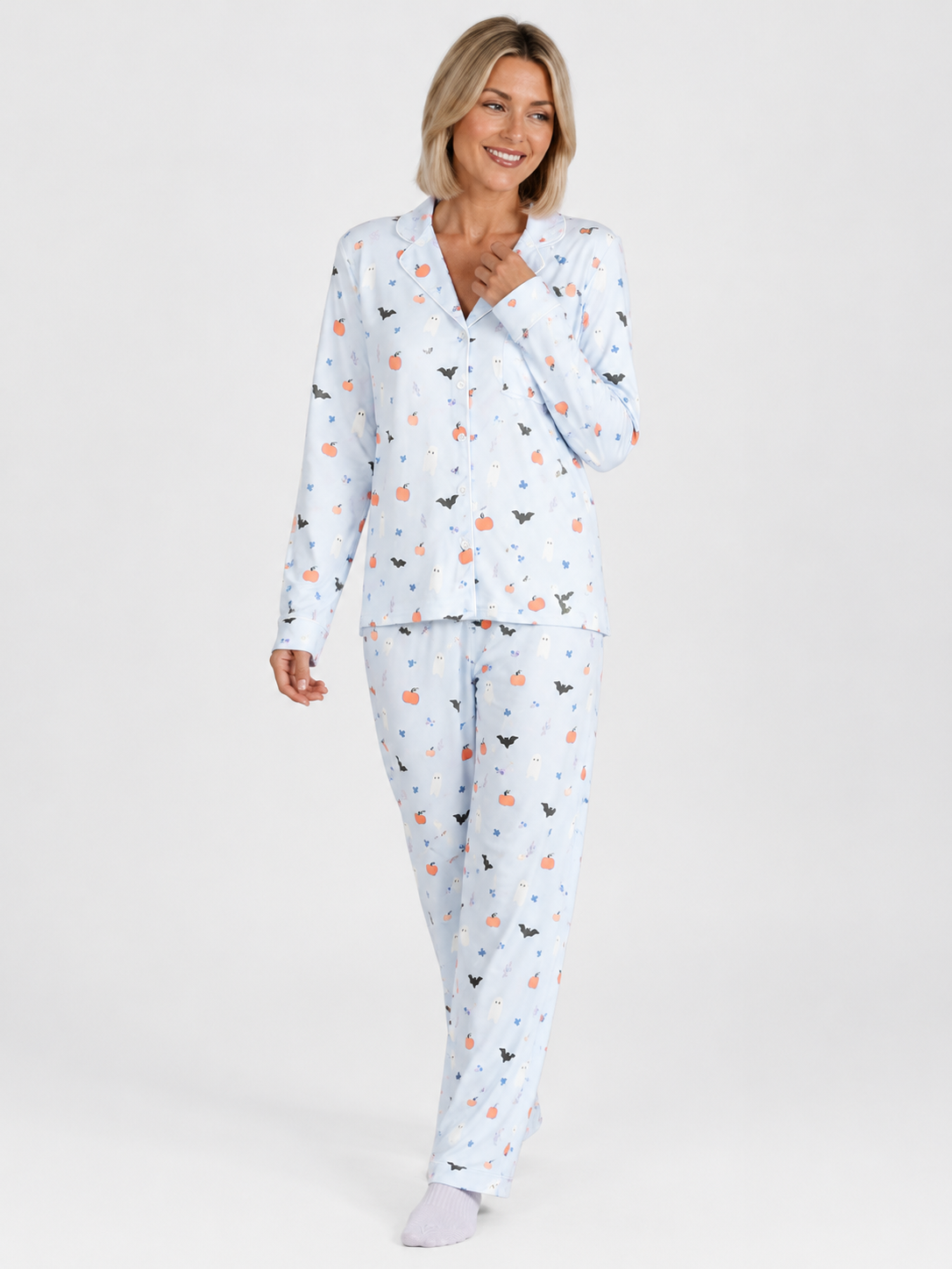 Ghostly Harvest Halloween Pajama Set for Women | Pink & Blue