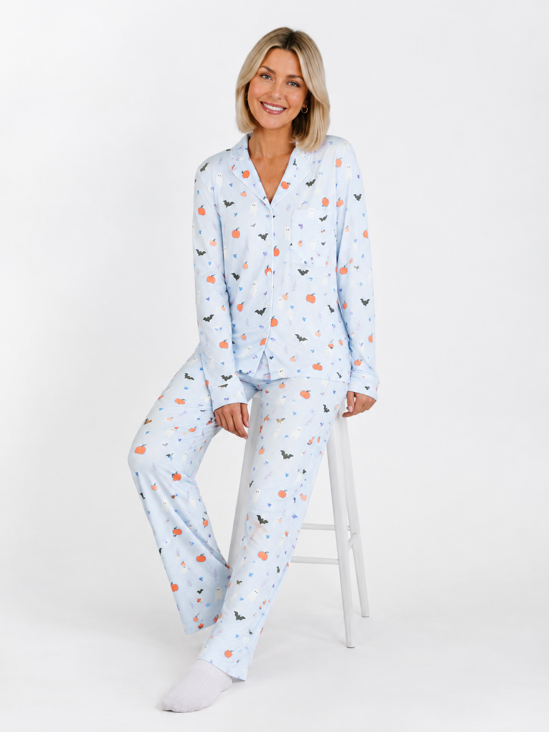 Ghostly Harvest Halloween Pajama Set for Women | Pink & Blue