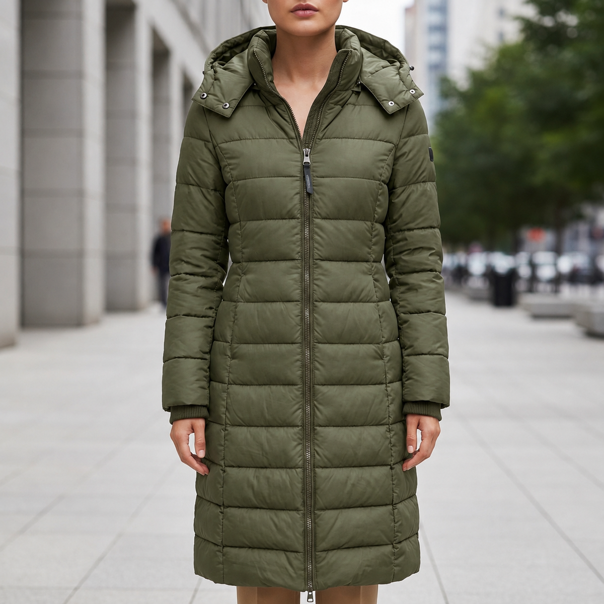 Women's Long Down Puffer Coat with Water-Resistant Shell and Hood in Olive