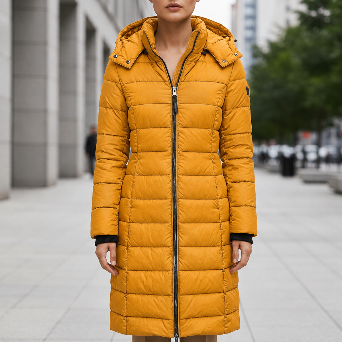 Women's Long Down Puffer Coat with Water-Resistant Shell and Hood in Mustard