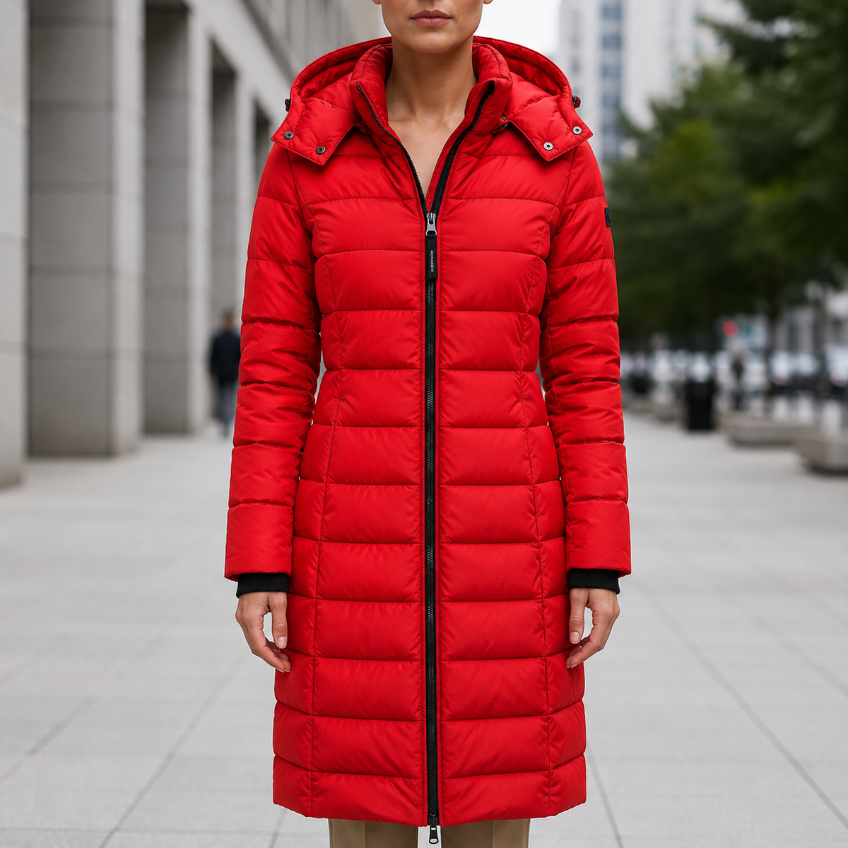 Women's Long Down Puffer Coat with Water-Resistant Shell and Hood in Red