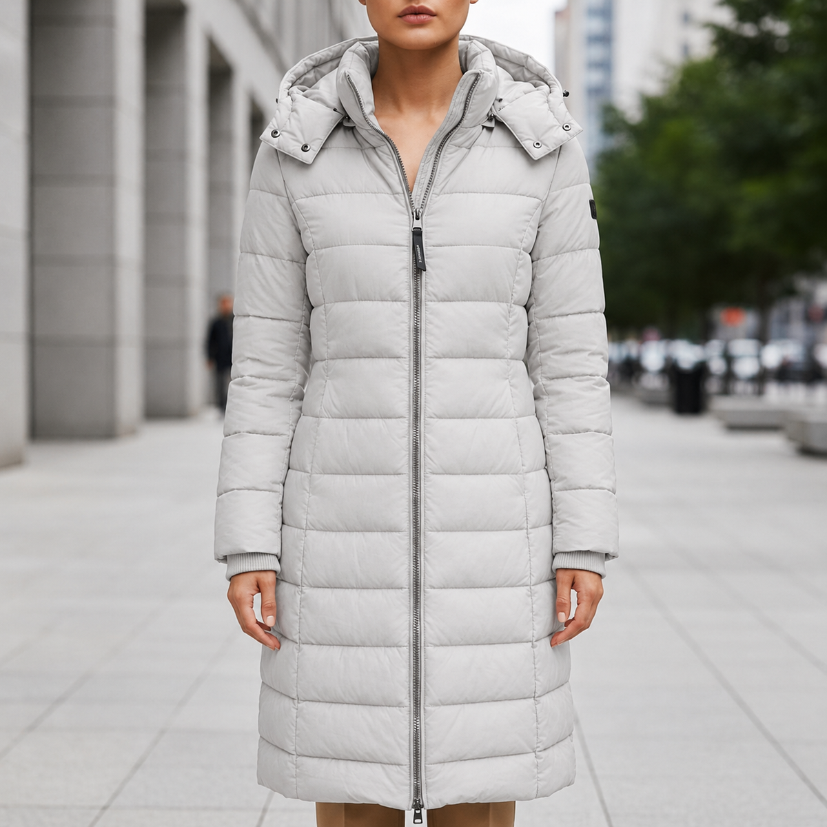Women's Long Down Puffer Coat with Water-Resistant Shell and Hood in Light Gray