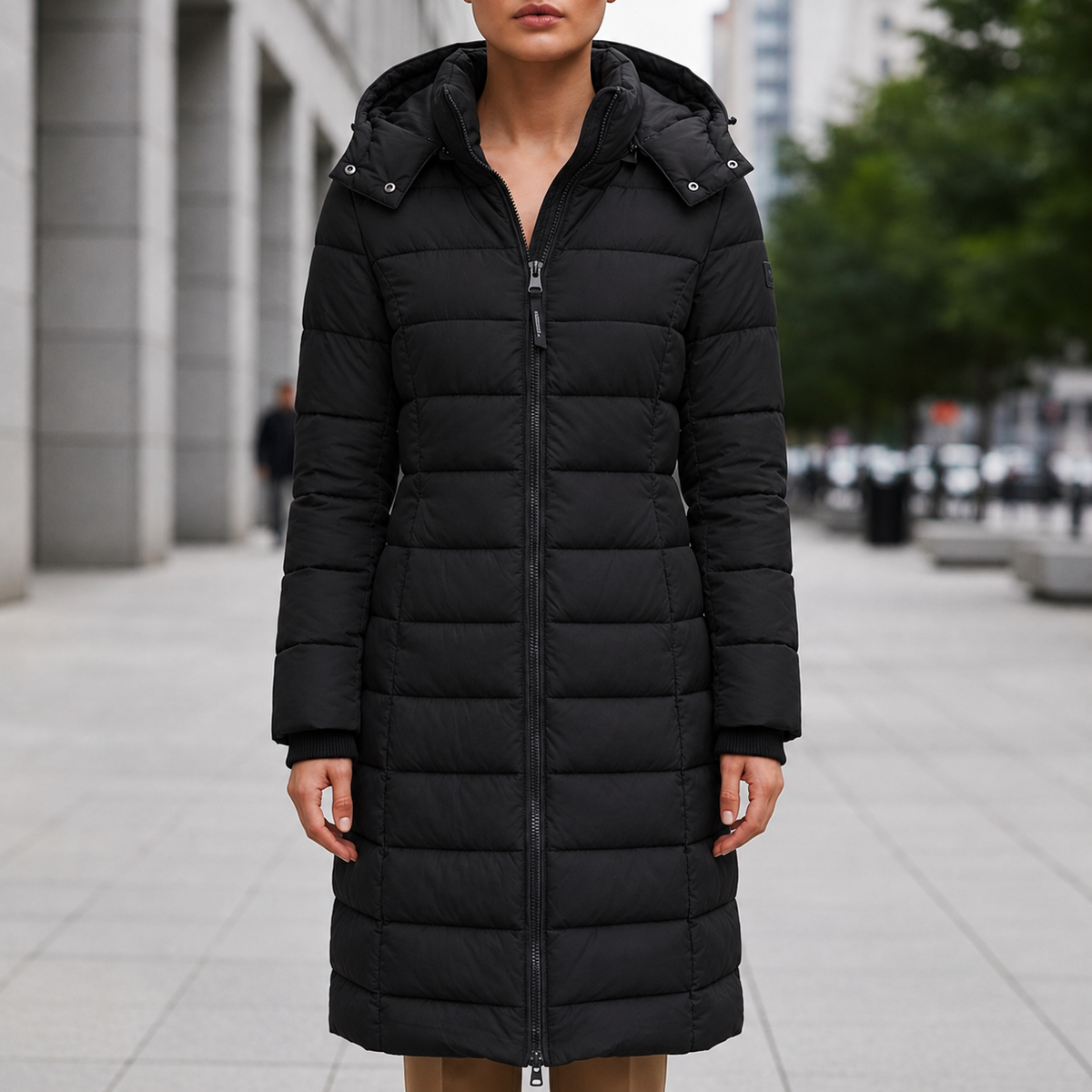 Women's Long Down Puffer Coat with Water-Resistant Shell and Hood in Black