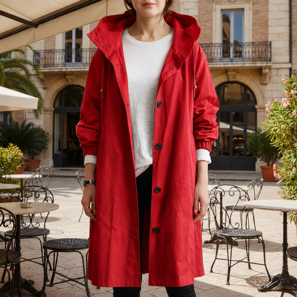 Women's Lightweight Waterproof Trench Rain Coat with Hood in Crimson Red