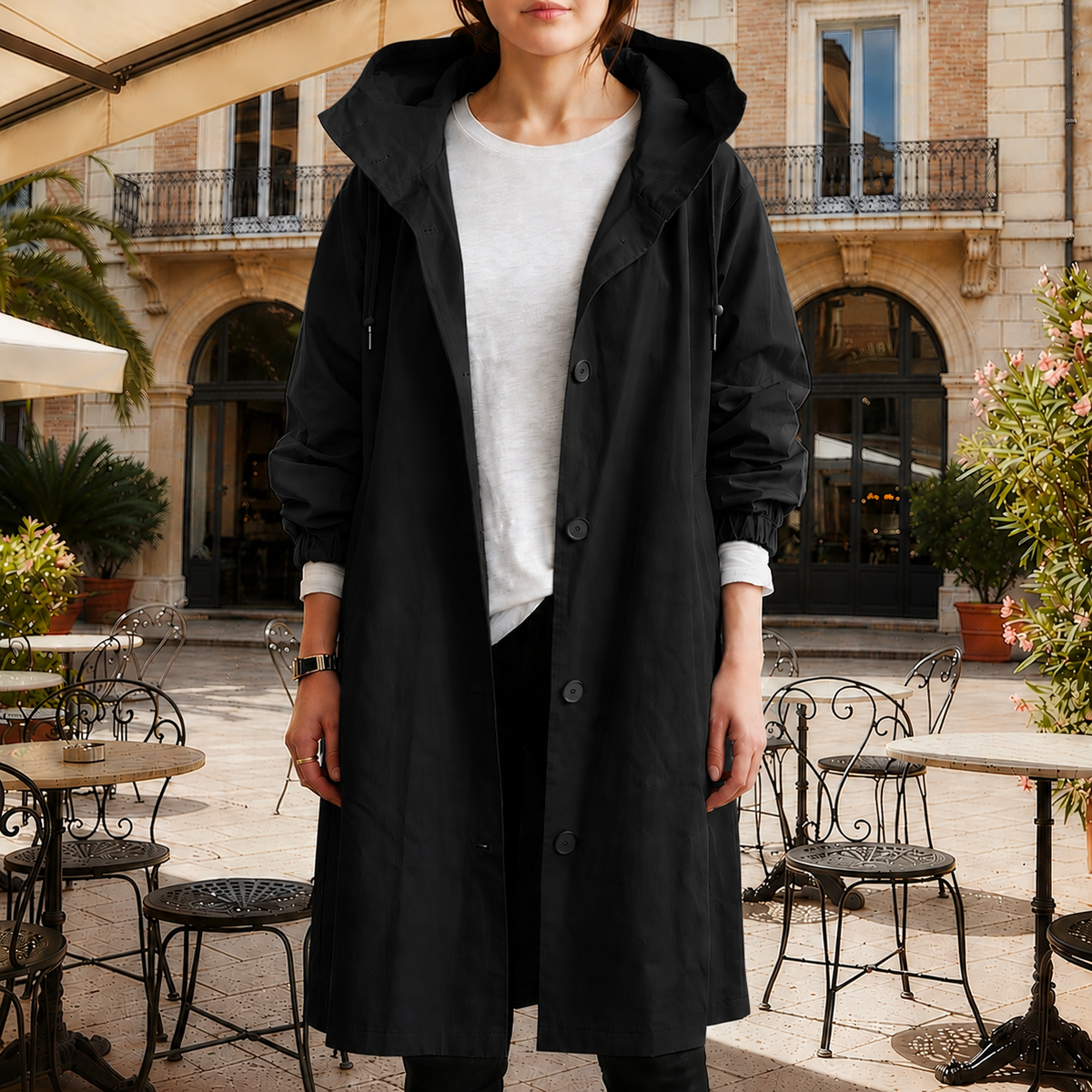 Women's Lightweight Waterproof Trench Rain Coat with Hood in Classic Black