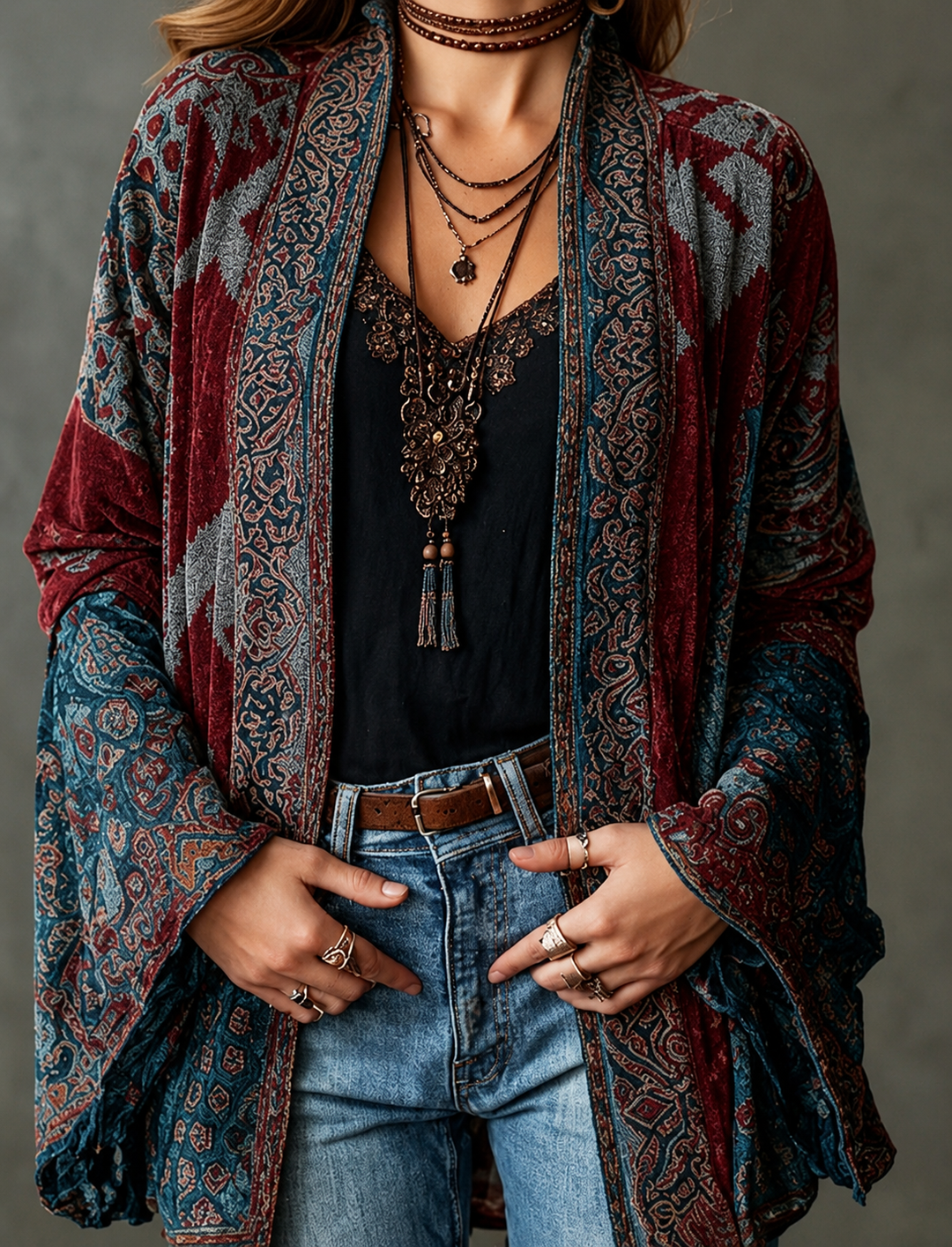 Women's Velvet Jacket, Boho Print Open Front Lightweight Outerwear