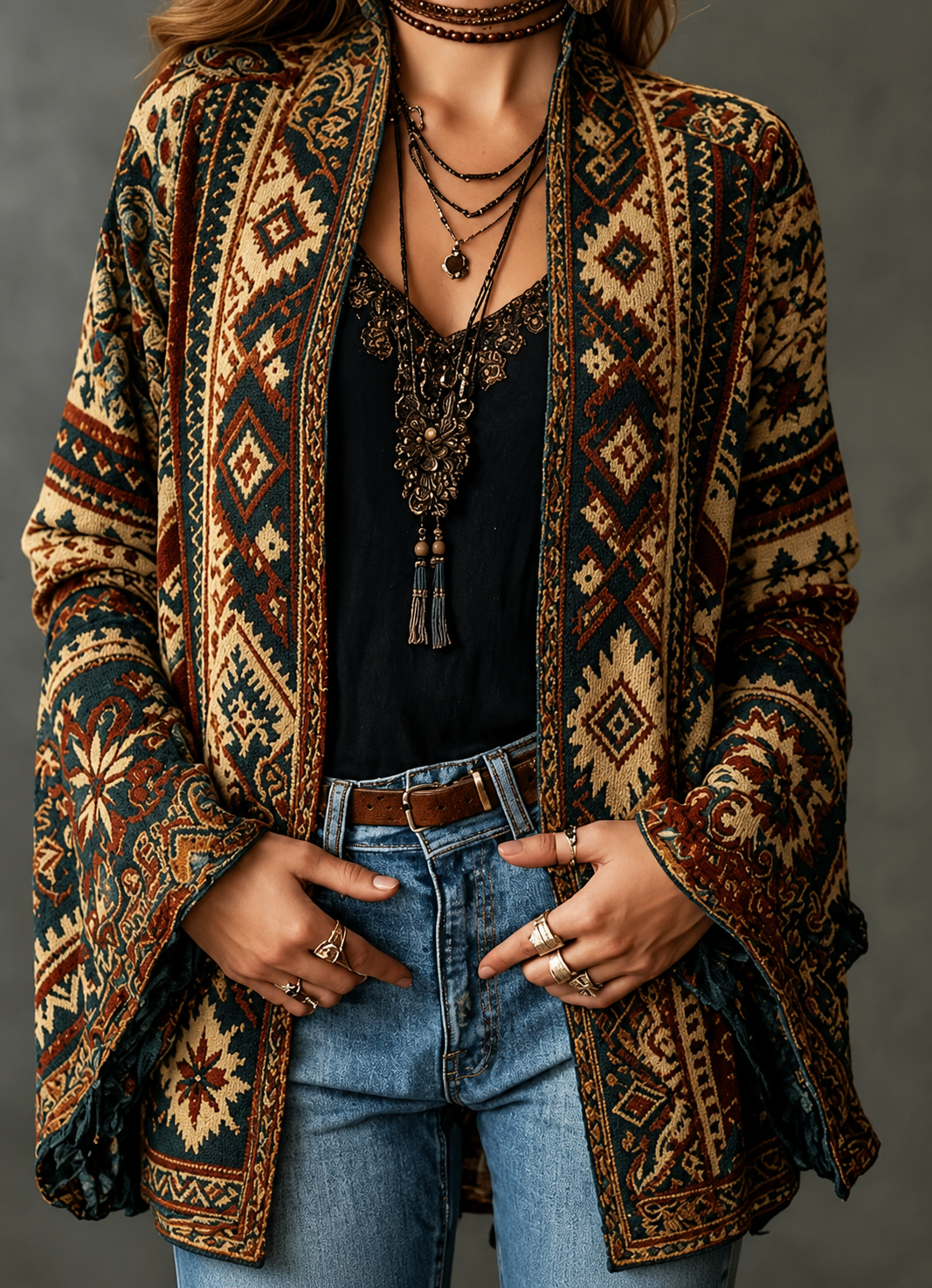Women's Velvet Jacket, Boho Print Open Front Lightweight Outerwear