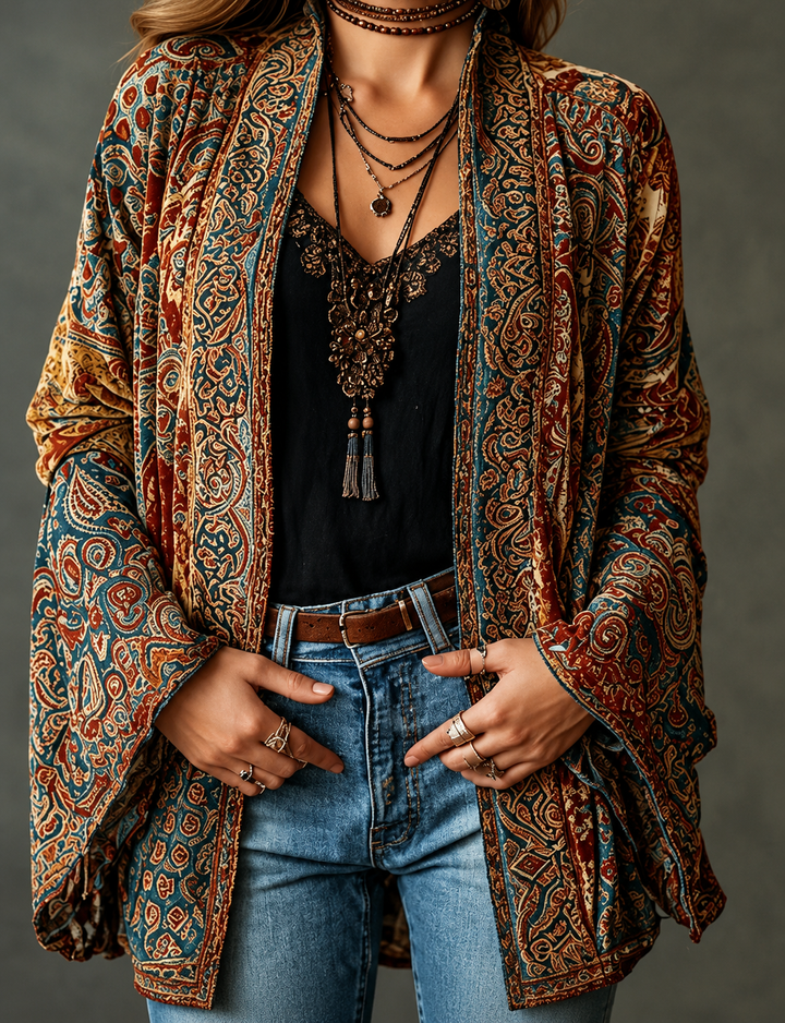 Women's Velvet Jacket, Boho Print Open Front Lightweight Outerwear