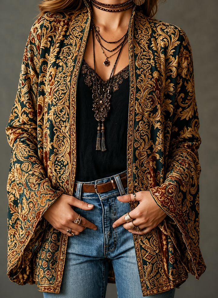 Women's Velvet Jacket, Boho Print Open Front Lightweight Outerwear