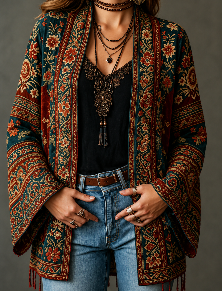 Women's Velvet Jacket, Boho Print Open Front Lightweight Outerwear