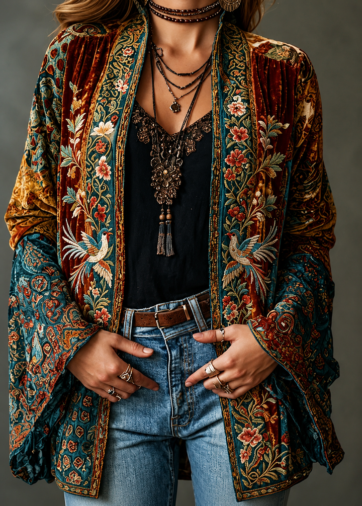 Women's Velvet Jacket, Boho Print Open Front Lightweight Outerwear