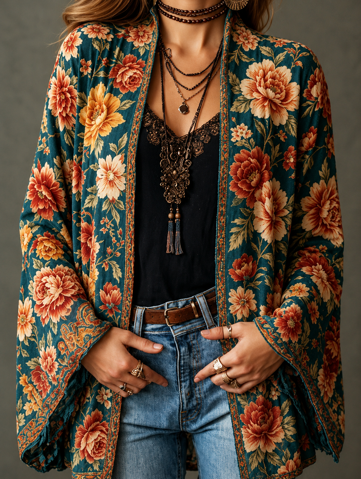 Women's Velvet Jacket, Boho Print Open Front Lightweight Outerwear