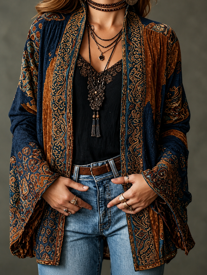 Women's Velvet Jacket, Boho Print Open Front Lightweight Outerwear