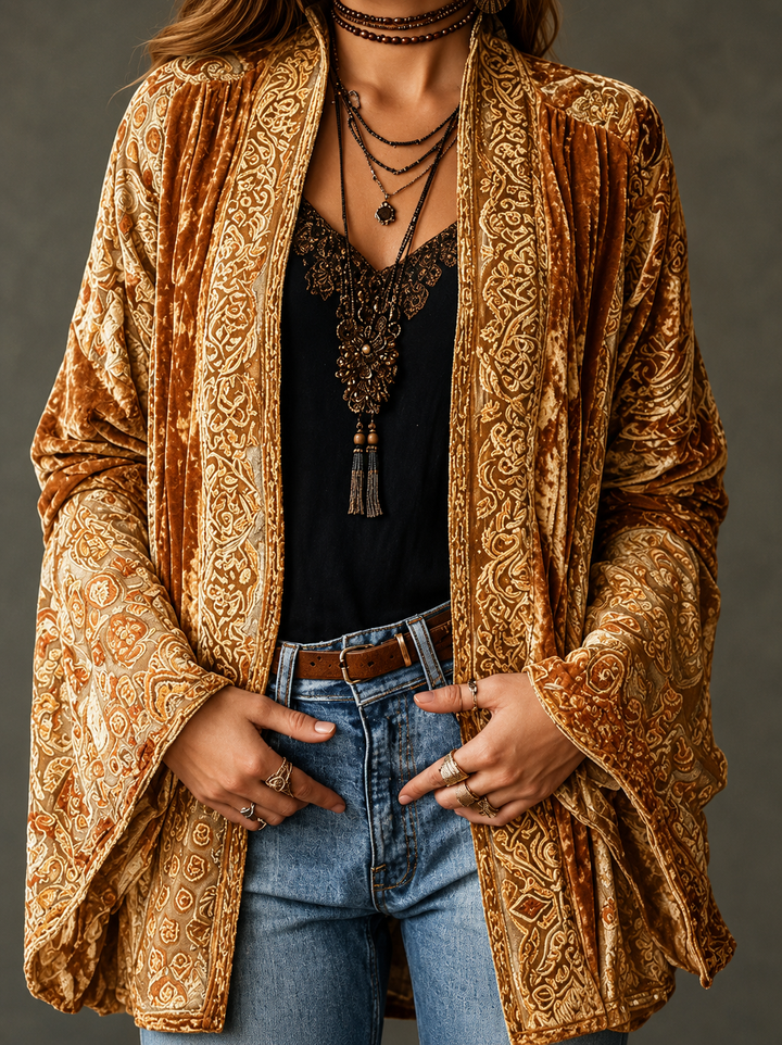 Women's Velvet Jacket, Boho Print Open Front Lightweight Outerwear