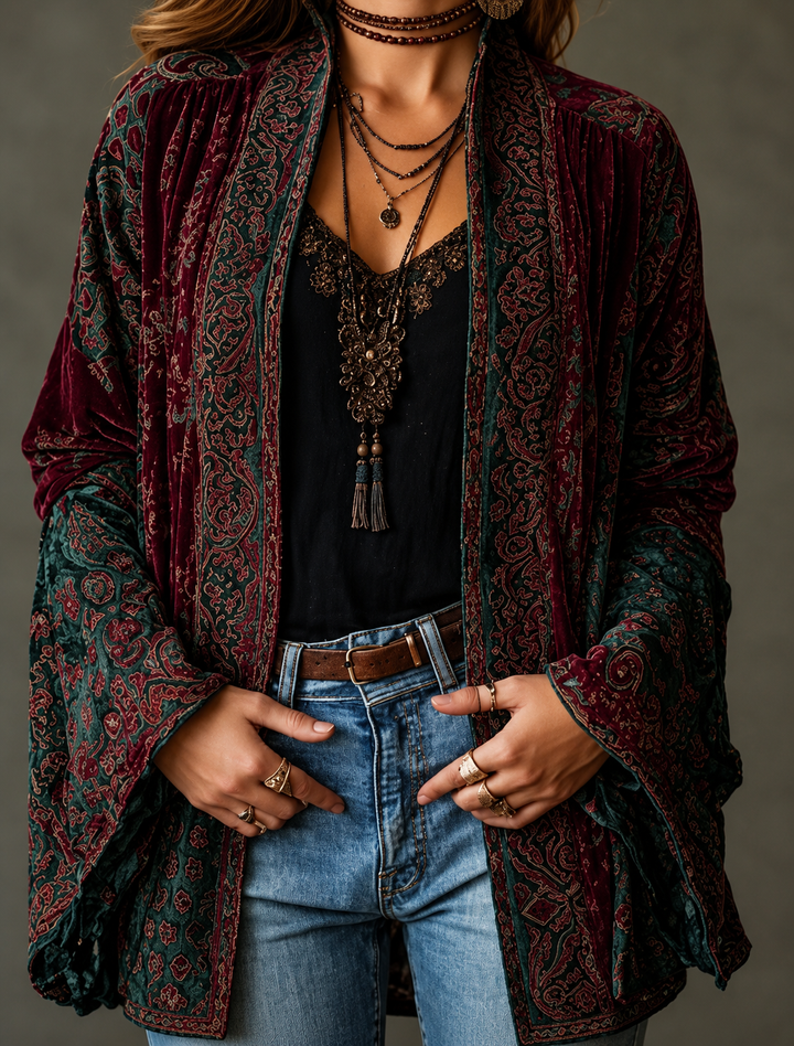 Women's Velvet Jacket, Boho Print Open Front Lightweight Outerwear