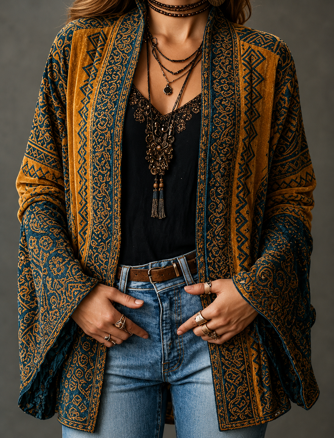Women's Velvet Jacket, Boho Print Open Front Lightweight Outerwear