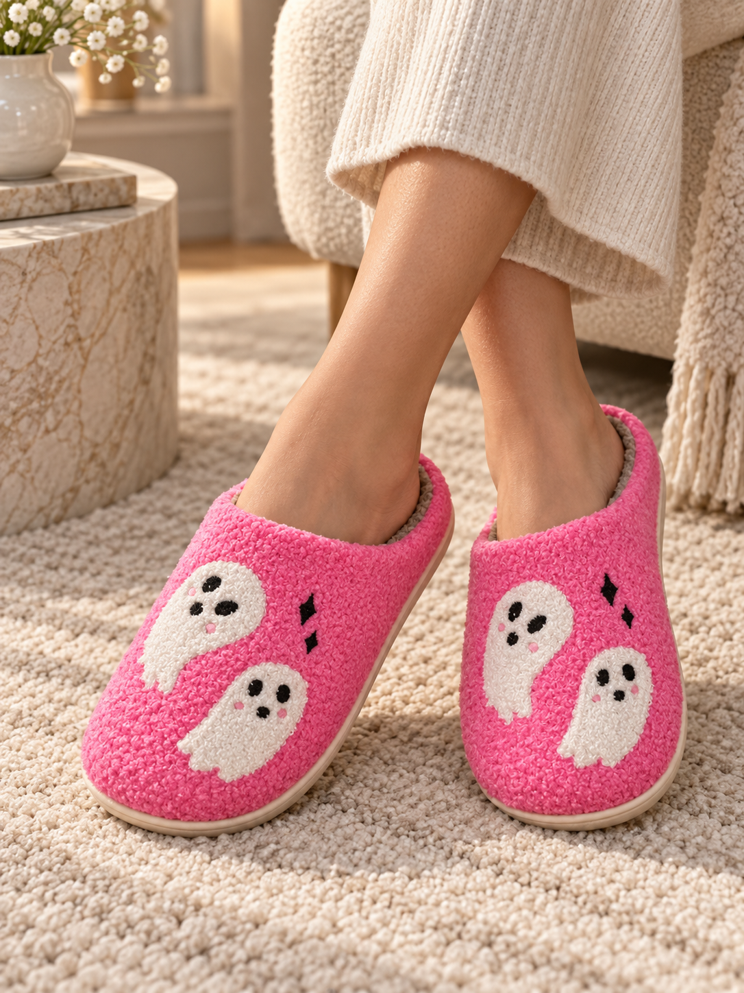 Cozy Ghost Halloween Slippers for Women | Plush Indoor