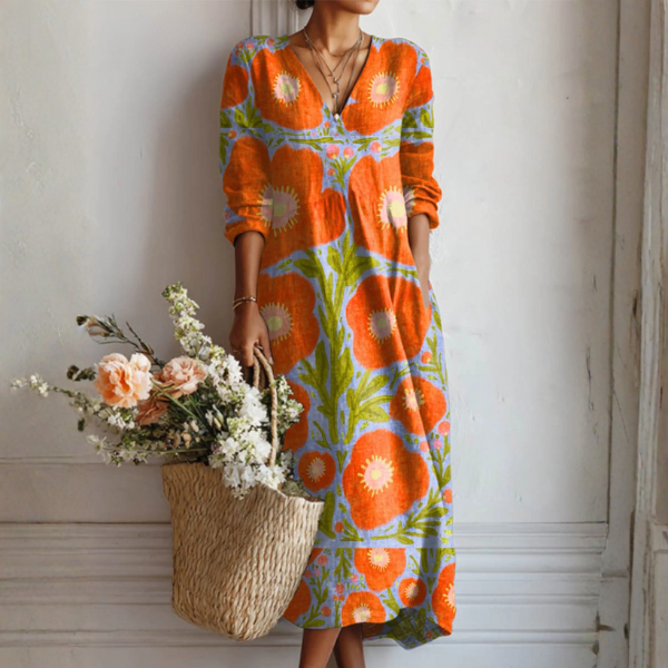 Women's Floral Linen Blend Midi Dress with Pockets in Multicolor