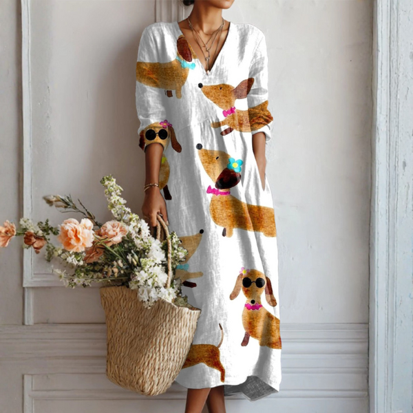 Maeve Abstract Print Linen Midi Dress with Pockets in Multicolor