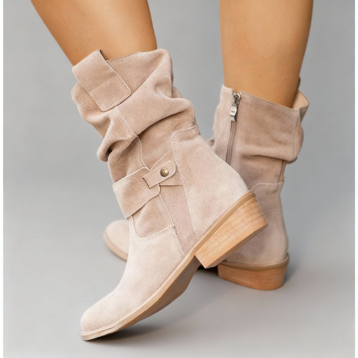 Women's Slip-On Faux Leather Ankle Boots with Memory Foam Footbed in South Beige