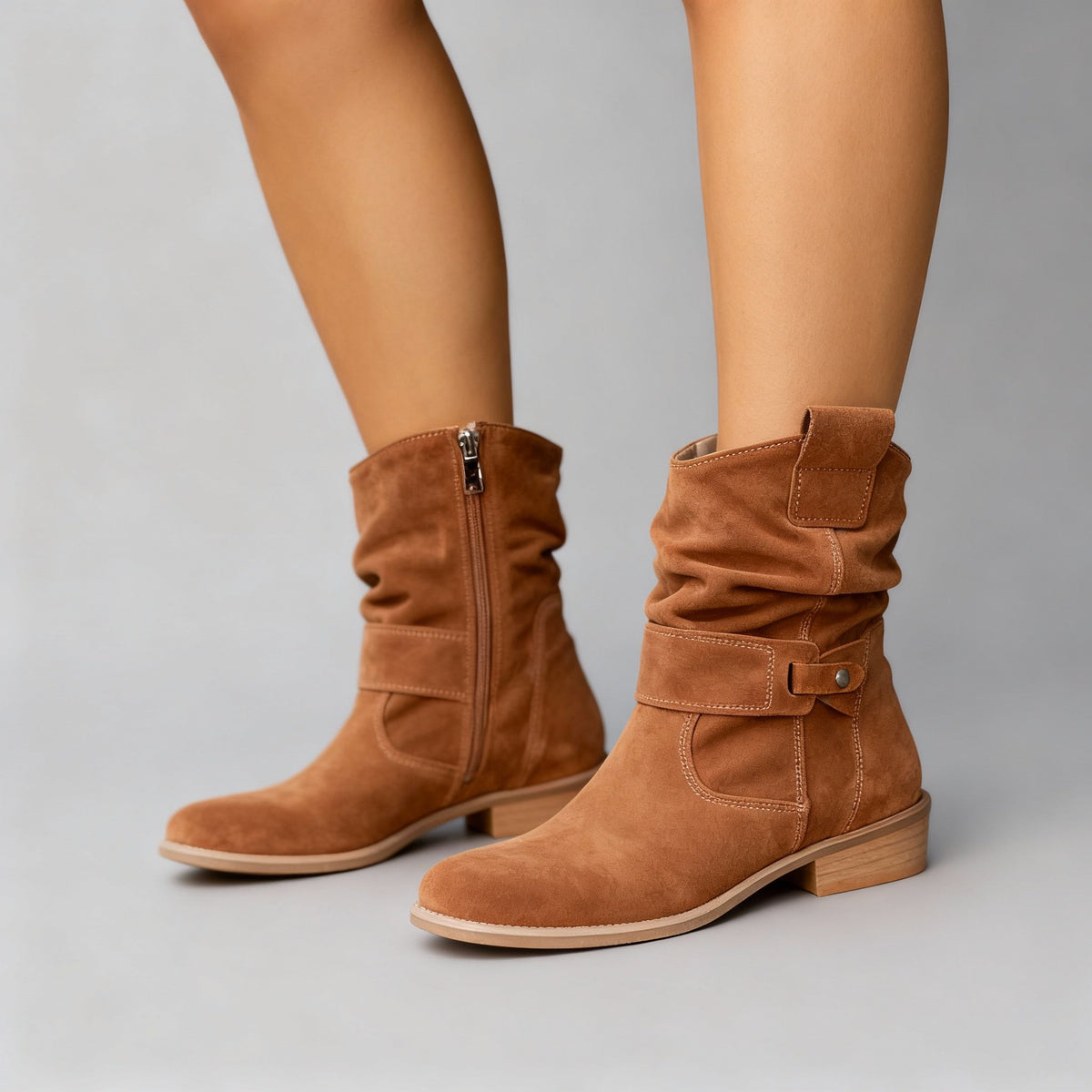 Women's Slip-On Faux Leather Ankle Boots with Memory Foam Footbed in Texas Brown
