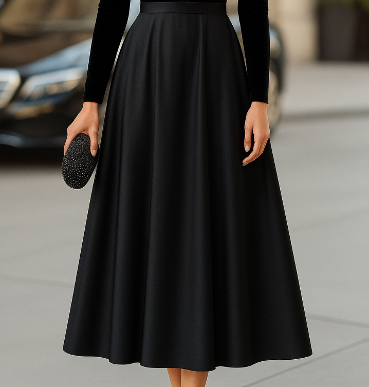 Women's Black Velvet and Satin Long Sleeve Midi Dress, view 2
