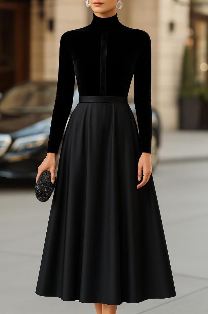 Women's Black Velvet and Satin Long Sleeve Midi Dress
