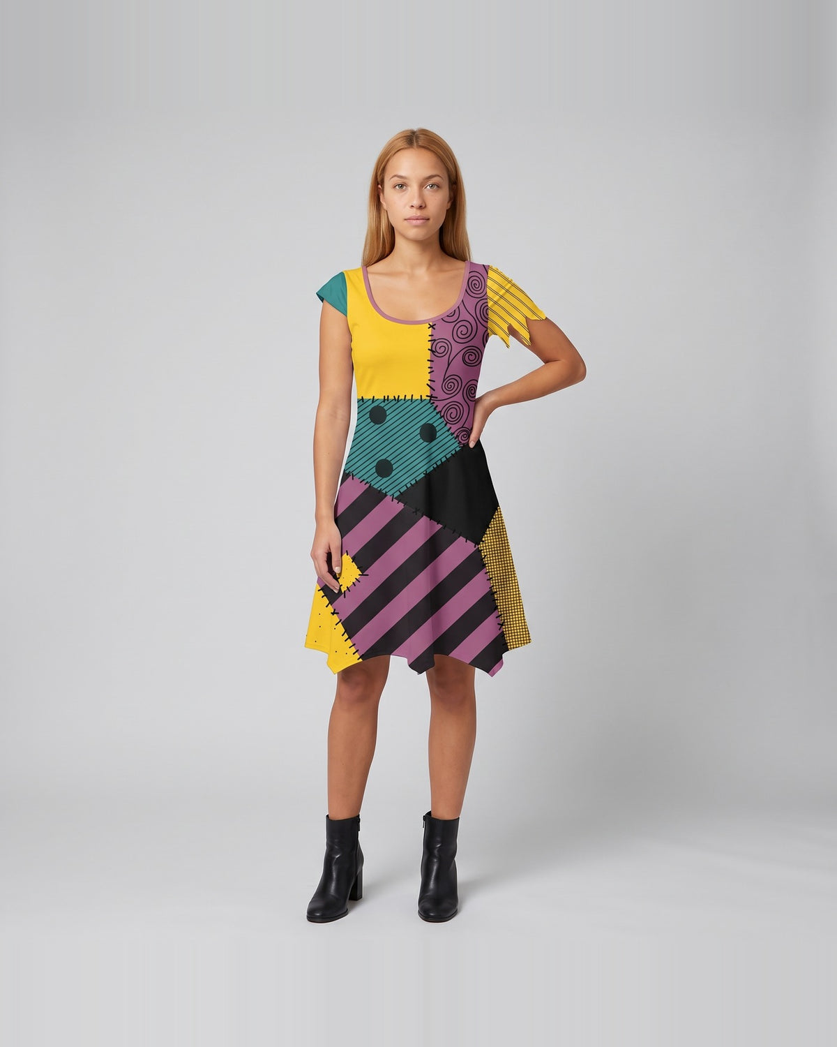 Women's patchwork rag doll costume dress – Design 4 front view