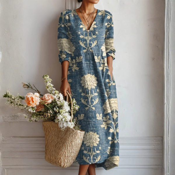Women's Blue Paisley Floral Linen Midi Dress with Pockets