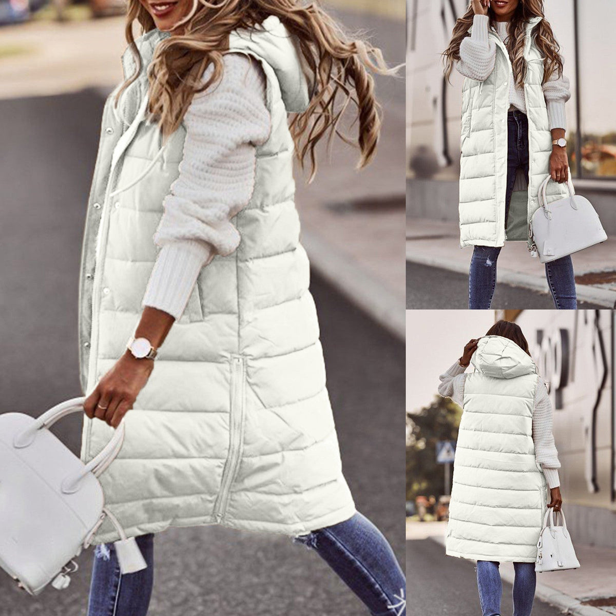Women's Long Hooded Puffer Vest with Side Pockets in White