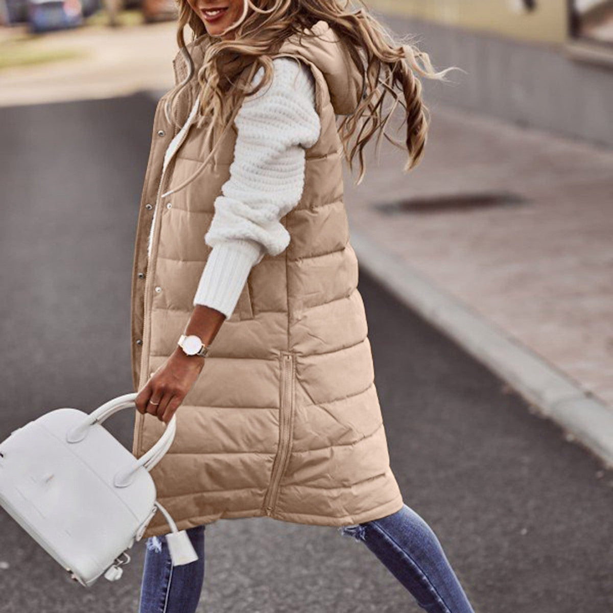 Women's Long Hooded Puffer Vest with Side Pockets in Khaki