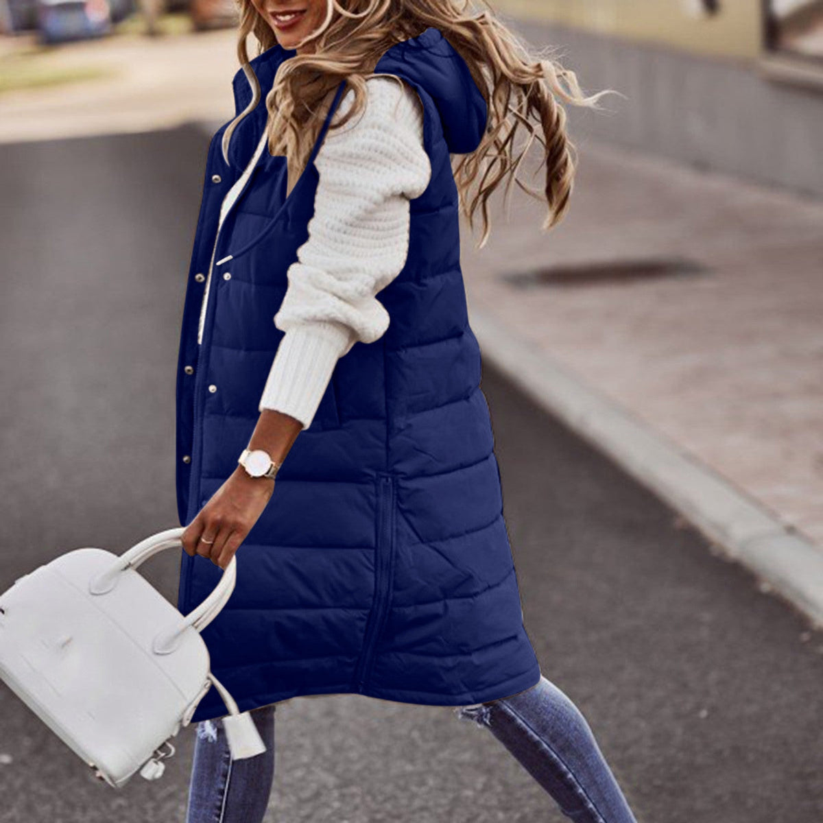 Women's Long Hooded Puffer Vest with Side Pockets in Blue