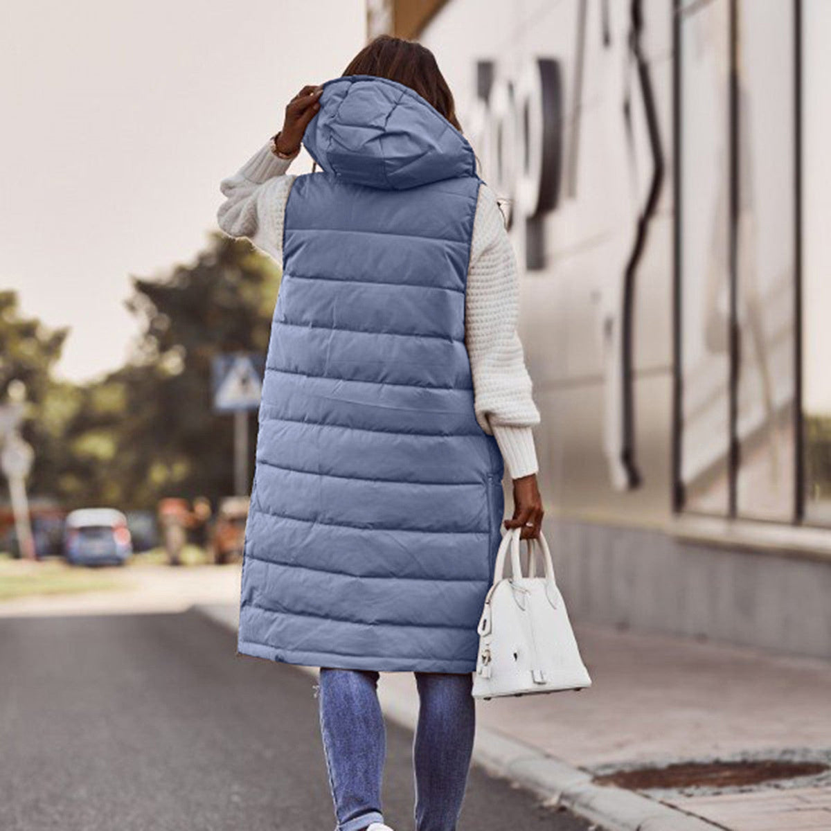 Women's Long Hooded Puffer Vest with Side Pockets