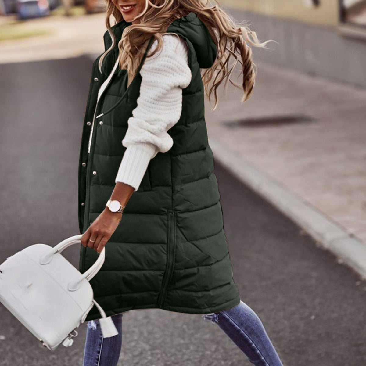 Women's Long Hooded Puffer Vest with Side Pockets, view 2