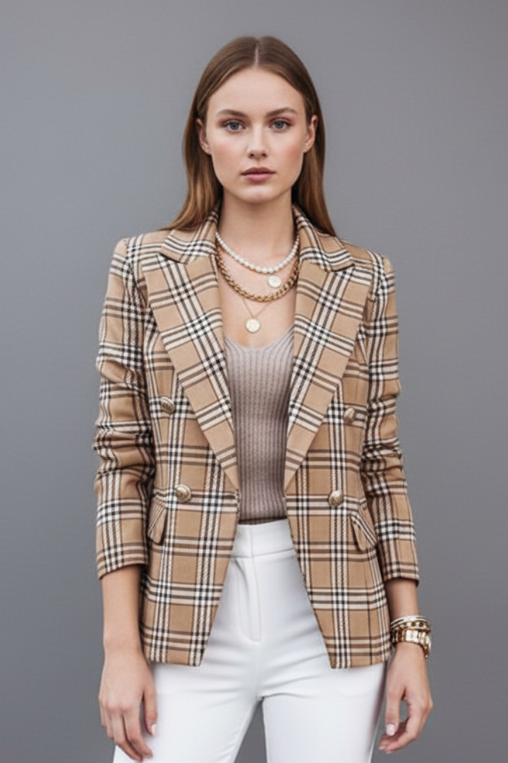 Women's Open-Front Textured Blazer with Classic Lapels in Light Brown