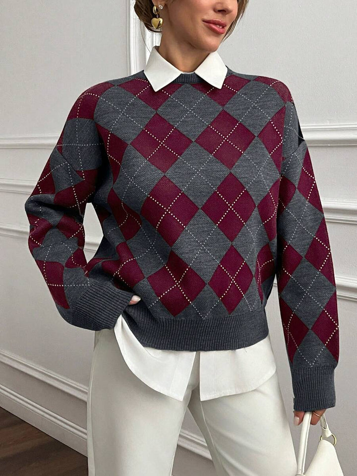 Women's Argyle Sweater, Preppy Round Neck Knit Pullover