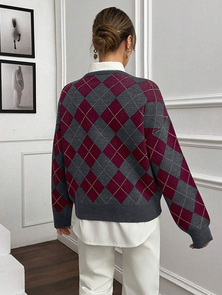 Women's Argyle Sweater, Preppy Round Neck Knit Pullover