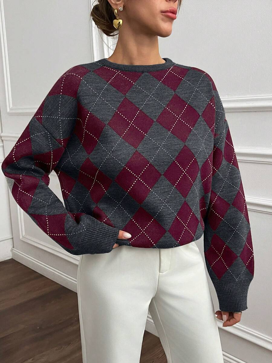 Women's Argyle Sweater, Preppy Round Neck Knit Pullover