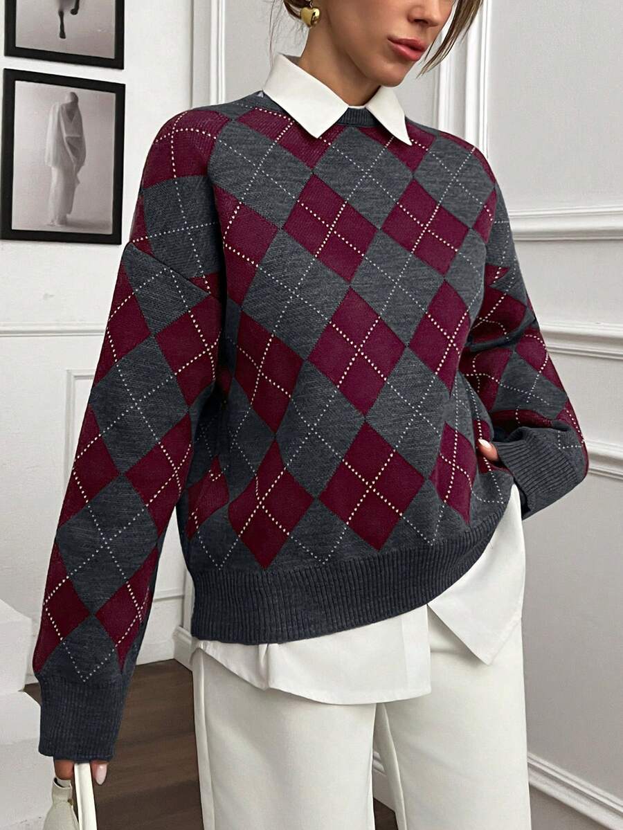 Women's Argyle Sweater, Preppy Round Neck Knit Pullover