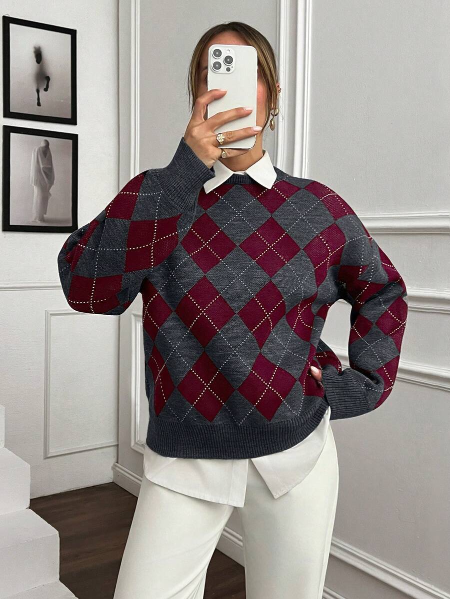 Women's Argyle Sweater, Preppy Round Neck Knit Pullover