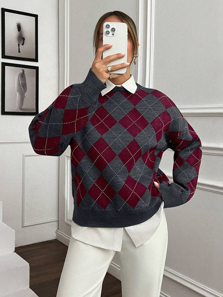 Women's Argyle Sweater, Preppy Round Neck Knit Pullover