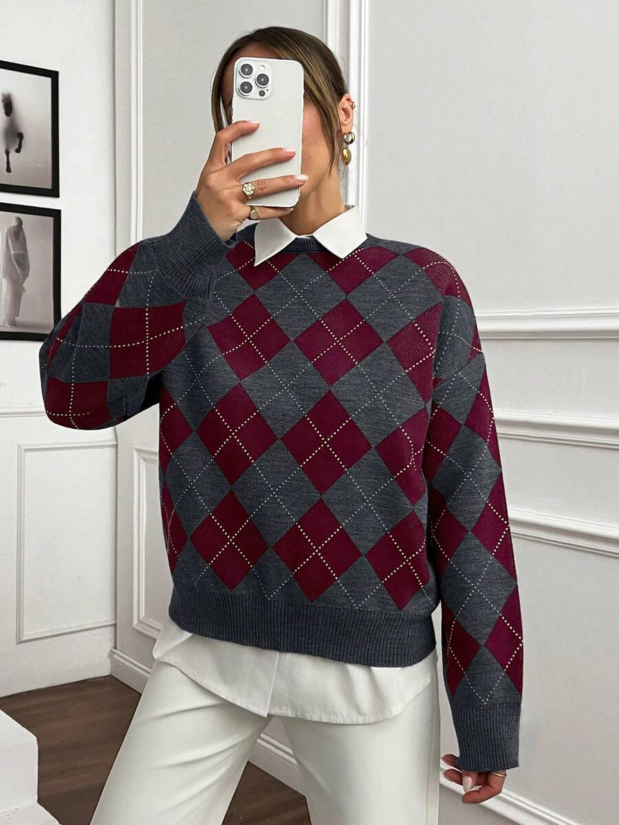 Women's Argyle Sweater, Preppy Round Neck Knit Pullover