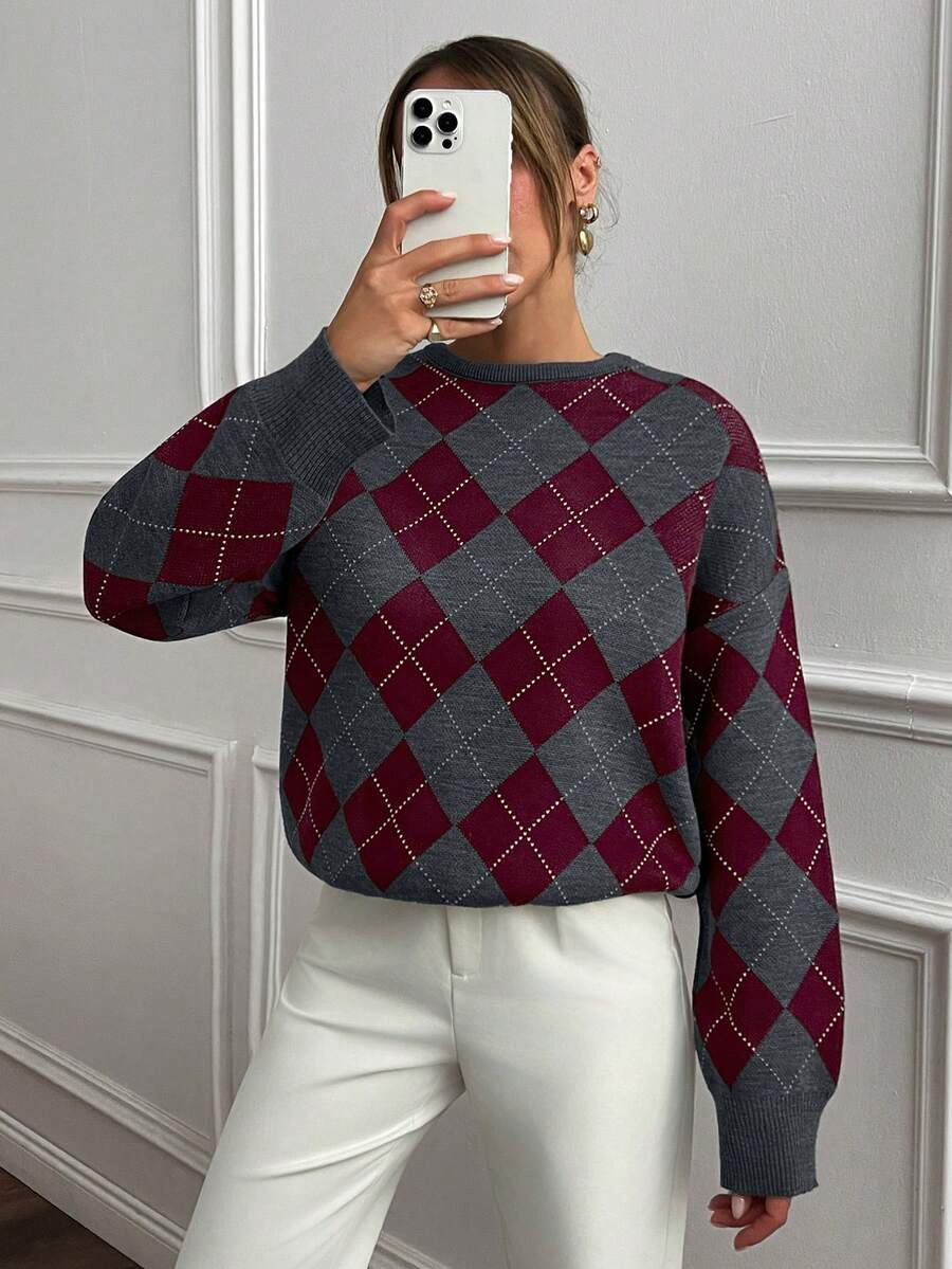 Women's Argyle Sweater, Preppy Round Neck Knit Pullover