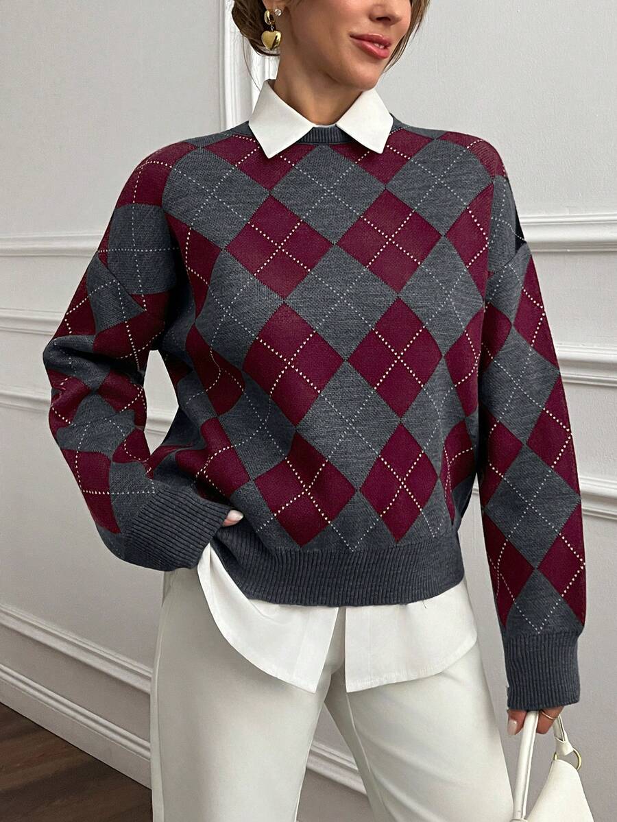 Women's Argyle Sweater, Preppy Round Neck Knit Pullover