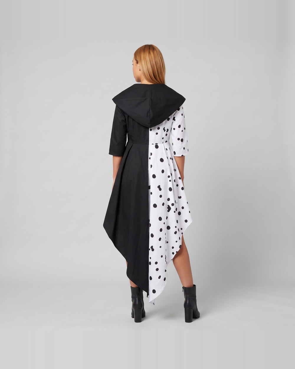 Women's black and white gala gown costume set – back view with hood