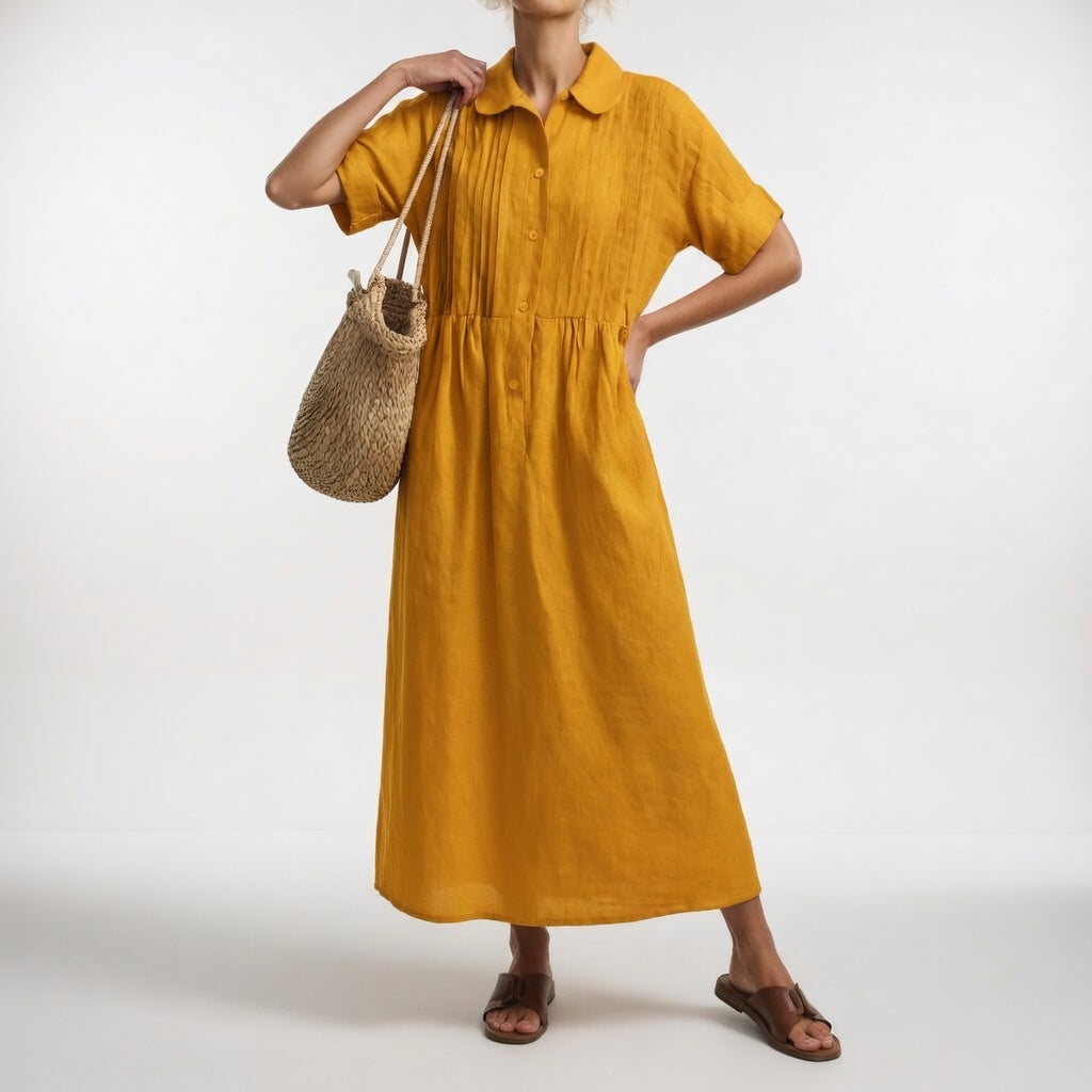 Women's Flowy Lightweight Summer Shirt Dress in Earth Yellow